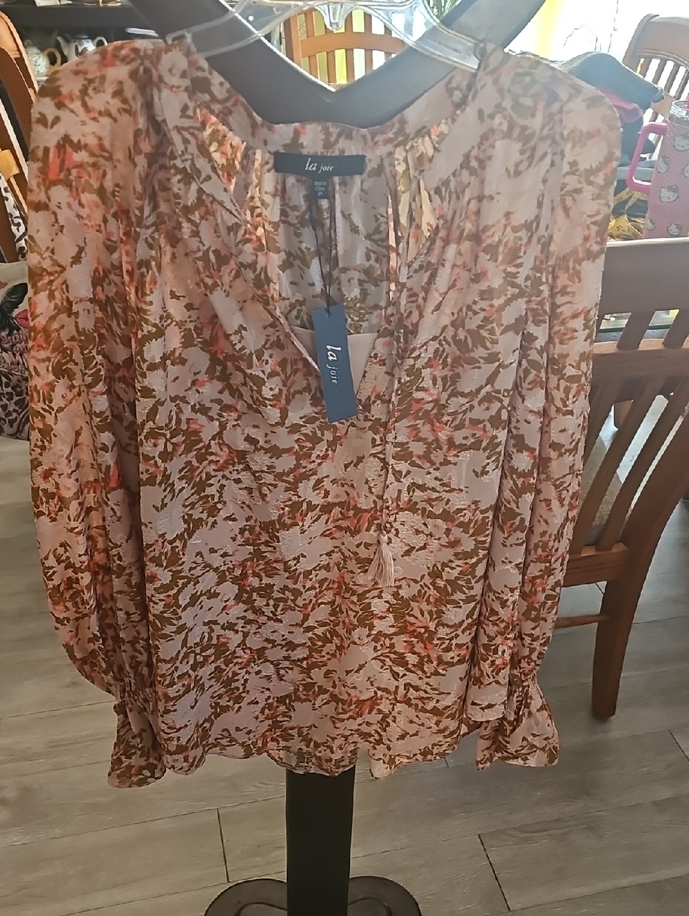 Joie Pink and Brown Floral Tassel-Front Blouse